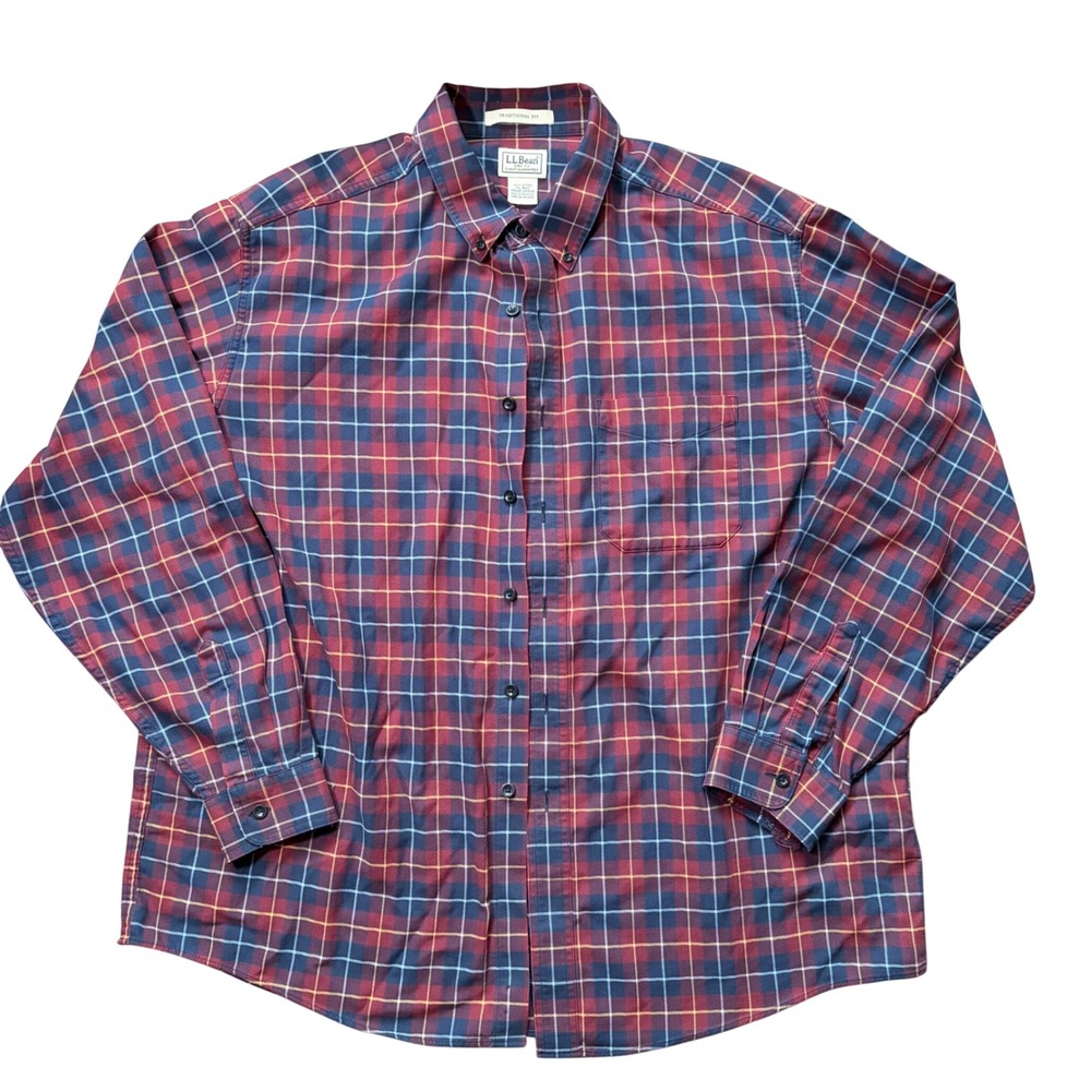 Vintage 2000s LL Bean Mens XL Traditional Fit Plaid Button Down Shirt Red Navy